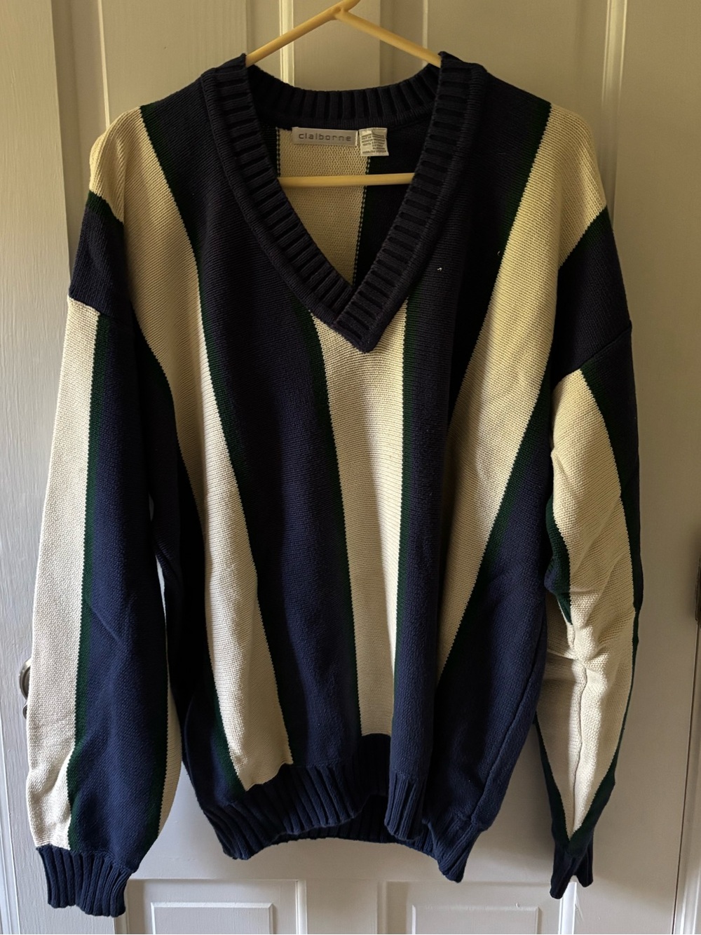 Claiborne Men's Navy, Cream & Green V-Neck Striped Sweater